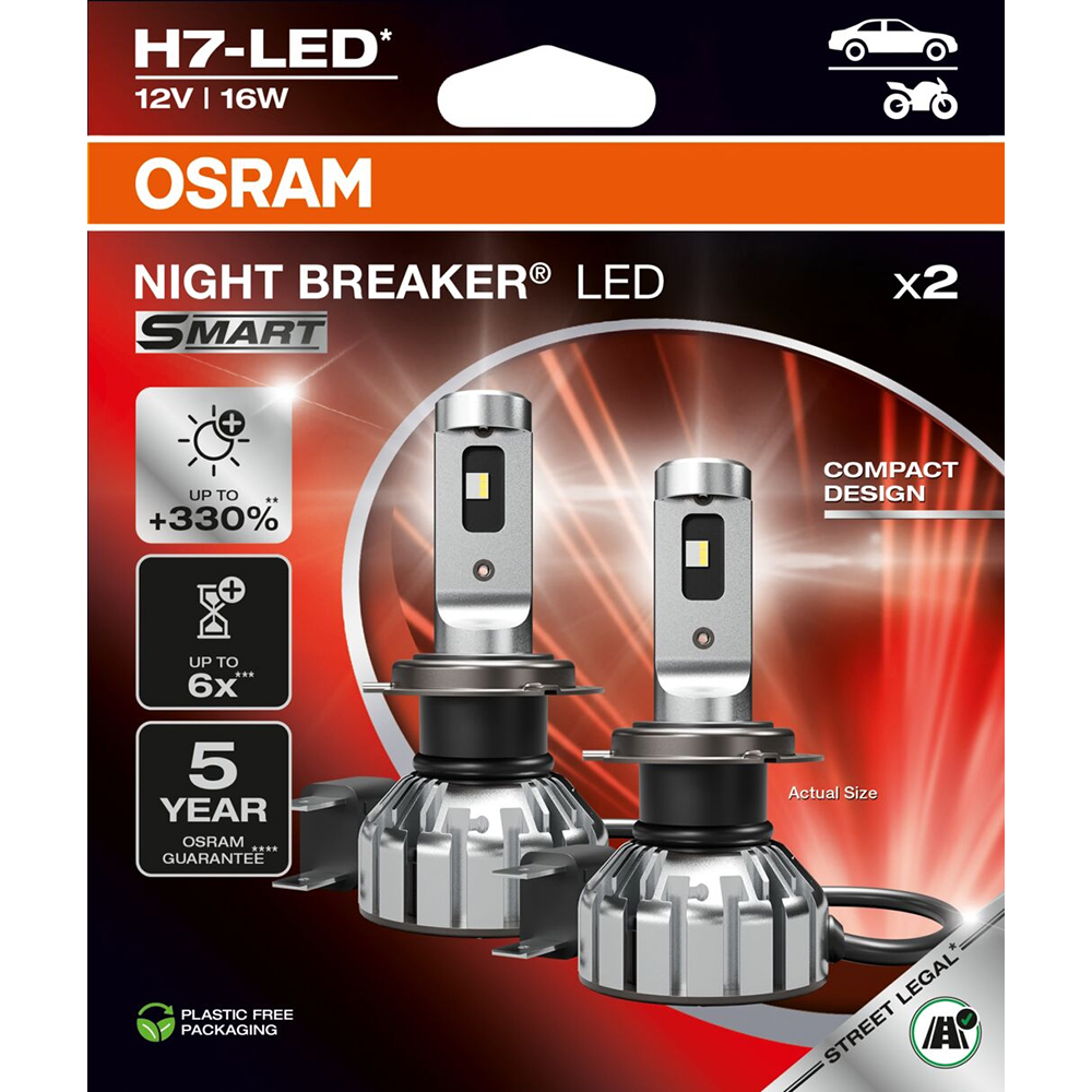 Set becuri auto OSRAM Night Breaker Smart LED, H7, 6000K, 16W, 2 buc, Omologat RAR