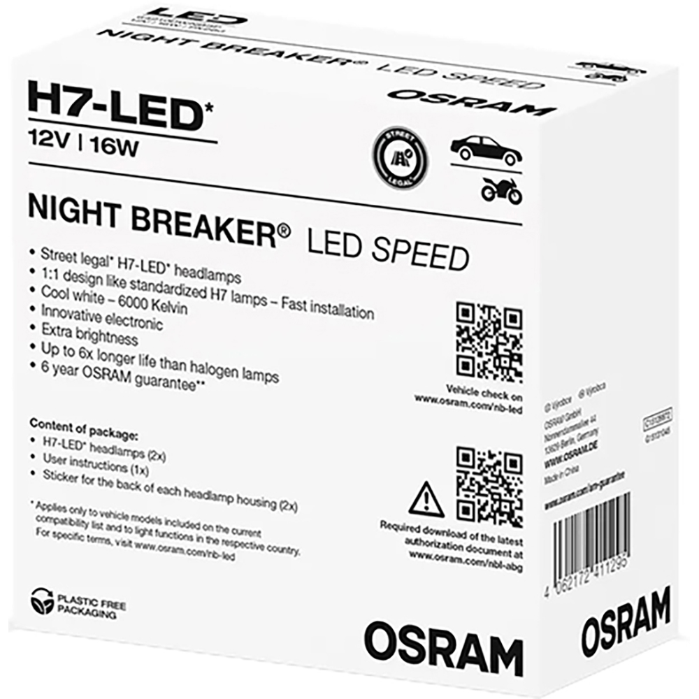 Bec auto LED OSRAM Night Breaker Speed, H7, 6000K, 16W, 12V, 2buc