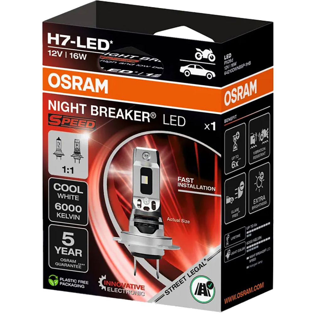 Bec moto LED OSRAM Night Breaker, H7, 6000K, 19W, 12V, 1buc