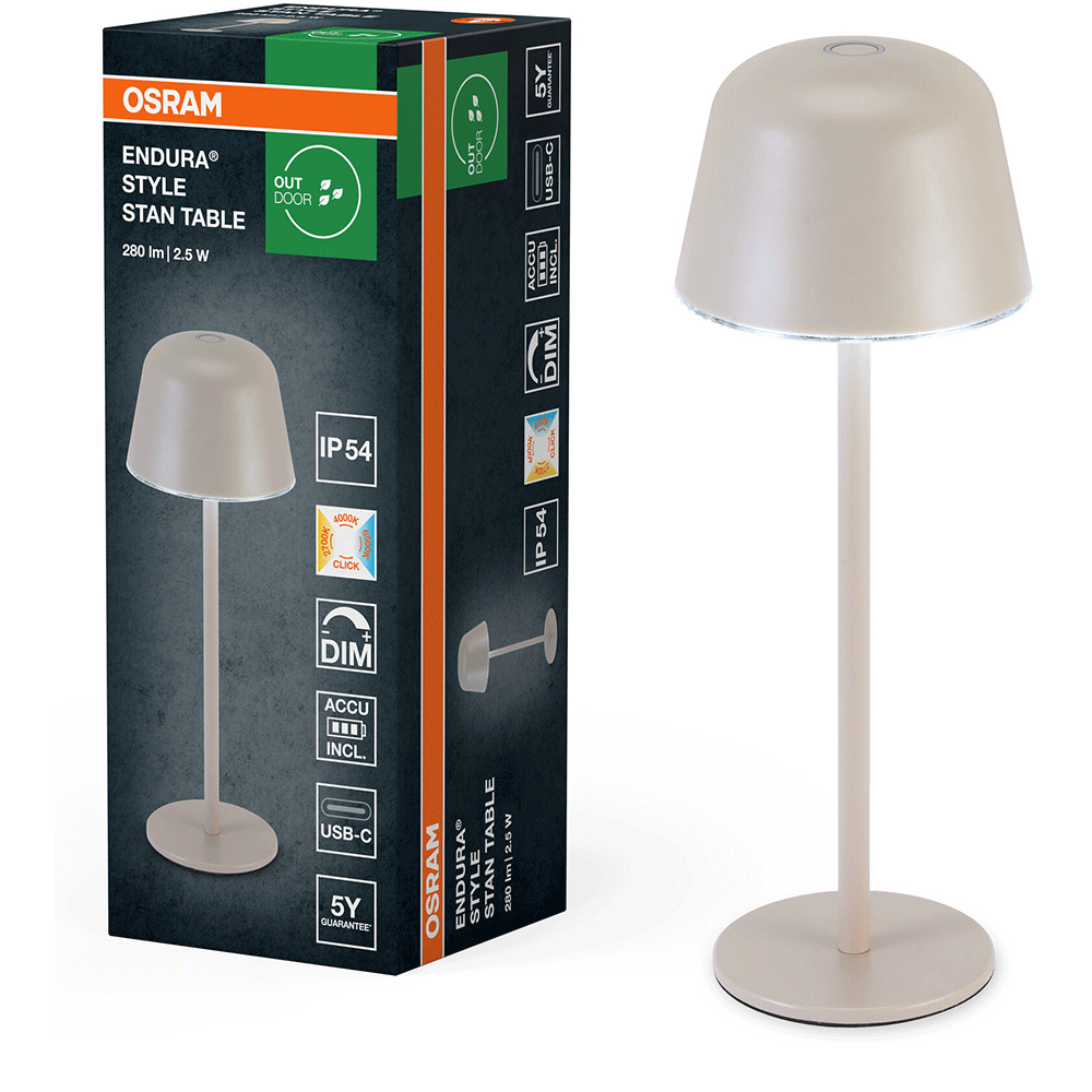 Lampa LED de masa pentru exterior OSRAM Endura Style, 2.5W, 280lm, 6500K, IP54, Acumulator, bej