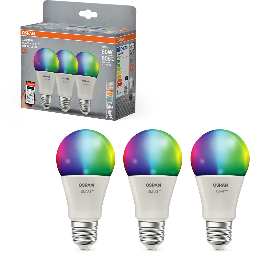 Set 3 becuri OSRAM, RGB, Wi-Fi, E27, 9W, 806lm, lumina variabila