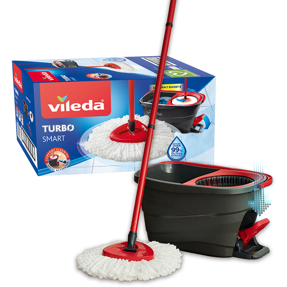 Set galeata cu storcator + mop + maner telescopic VILEDA Easy Wring Turbo Smart, rosu-negru