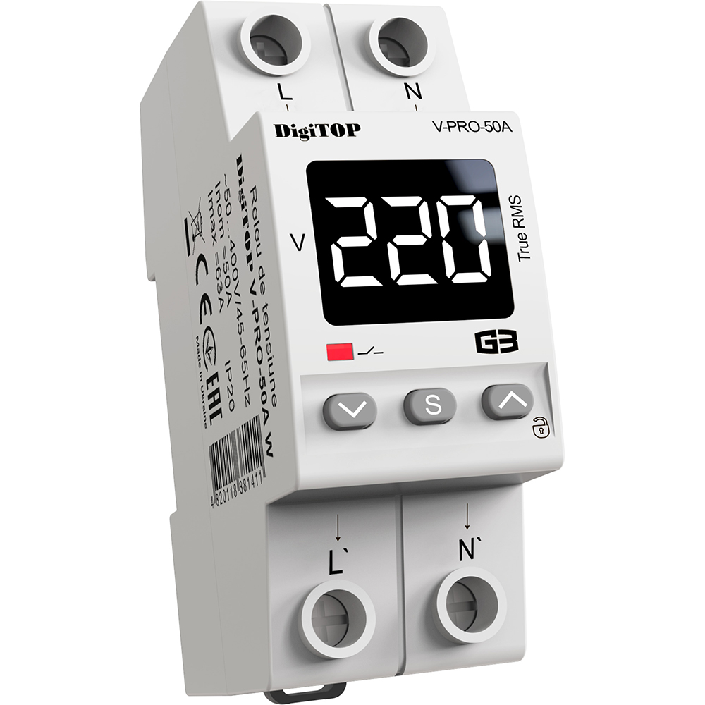 Releu protectie tensiune monofazat DIGITOP V-PRO 50A, 50A, 2P, 230V