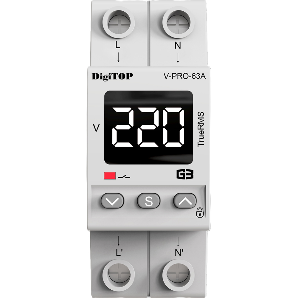 Releu protectie tensiune monofazat DIGITOP V-PRO 63A, 63A, 2P, 230V