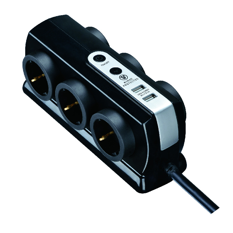 Prelungitor 6 prize, 2 porturi USB, negru, 16 A, 1.5 mmp x 2 m 