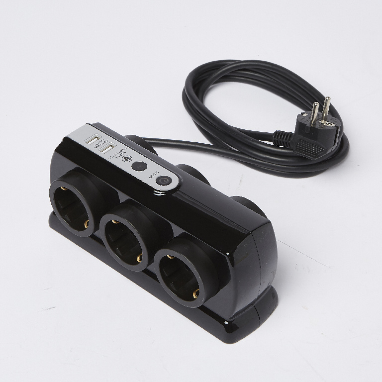 Prelungitor 6 prize, 2 porturi USB, negru, 16 A, 1.5 mmp x 2 m 