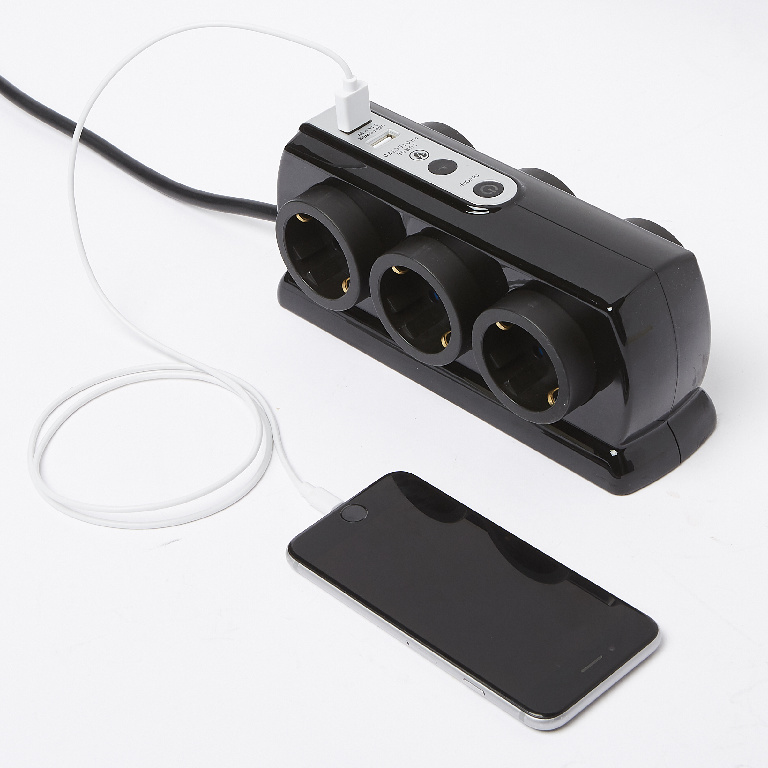 Prelungitor 6 prize, 2 porturi USB, negru, 16 A, 1.5 mmp x 2 m 