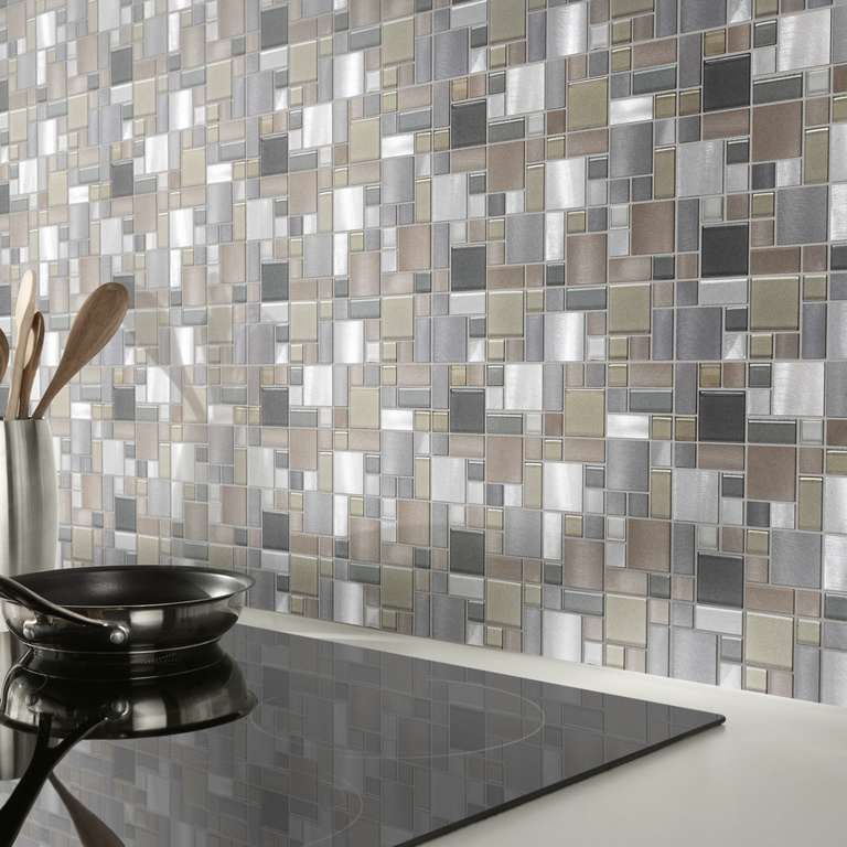 Mozaic interior, gri, aluminiu si sticla, patrat, 30 x 30 cm x 8 mm GoodHome Tourino