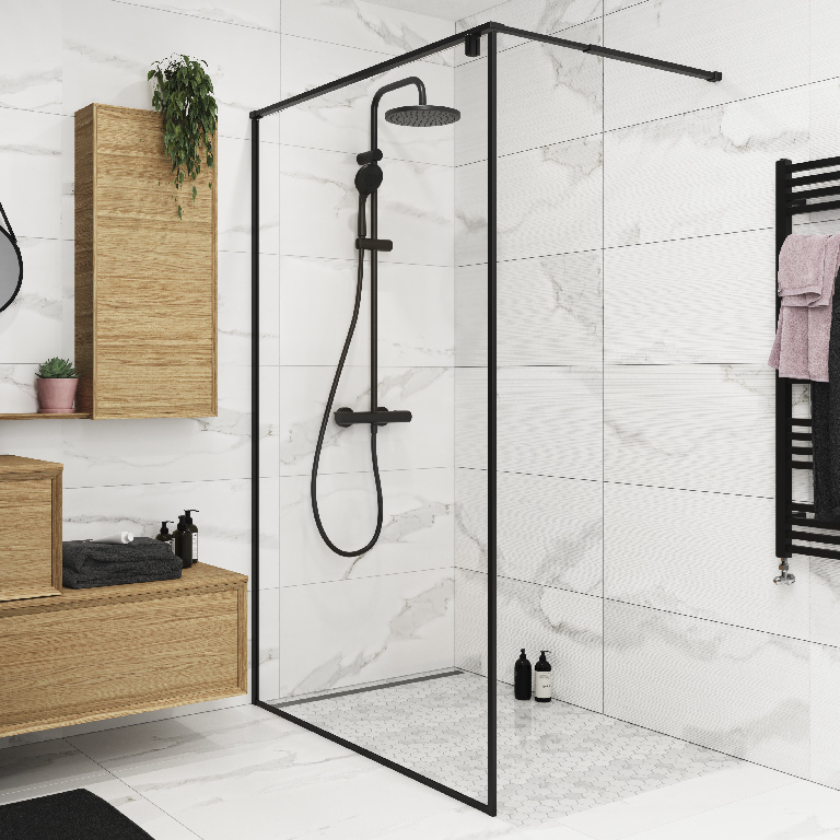 Paravan dus walk-in GOODHOME Ezili, aluminiu, sticla securizata 6mm, 120 x 195 cm, profil negru