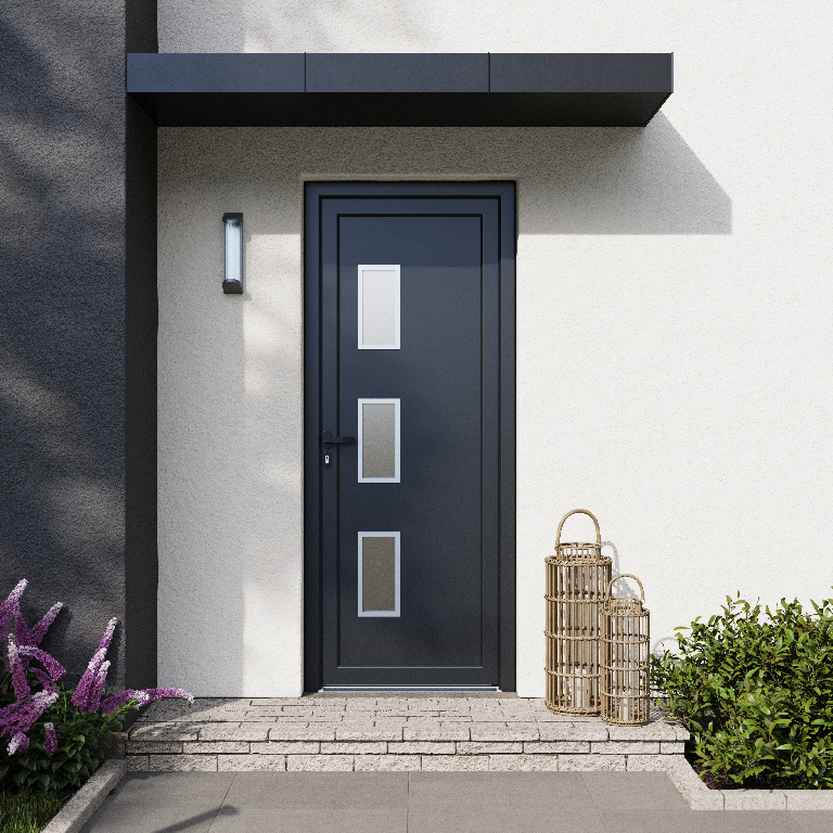 Usa exterior FORTIA Kilifi, cu geam, dreapta, PVC, 88 x 205 cm, gri