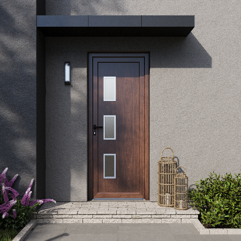 Usa exterior FORTIA Kilifi, cu geam, stanga, PVC, 88 x 205 cm, nuc