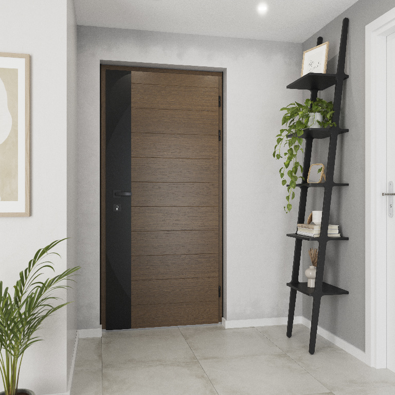 Usa exterior FORTIA Sassel, fara geam, dreapta, lemn, 88 x 205 cm, stejar