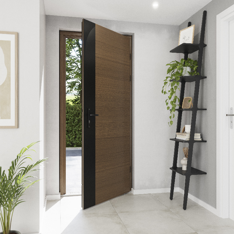 Usa exterior FORTIA Sassel, fara geam, dreapta, lemn, 88 x 205 cm, stejar