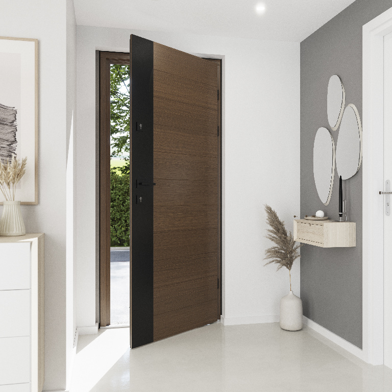 Usa exterior FORTIA Sassel, fara geam, dreapta, lemn, 88 x 205 cm, stejar