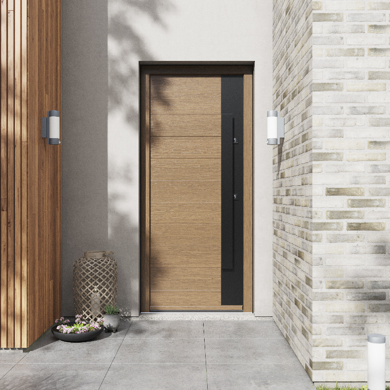 Usa exterior FORTIA Sassel, fara geam, stanga, lemn, 88 x 205 cm, stejar