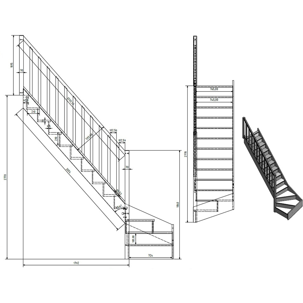 Scara interioara curba cu contratrepte si turnanta pe dreapta Rapallo, lemn rasinos, 277 x 82 cm