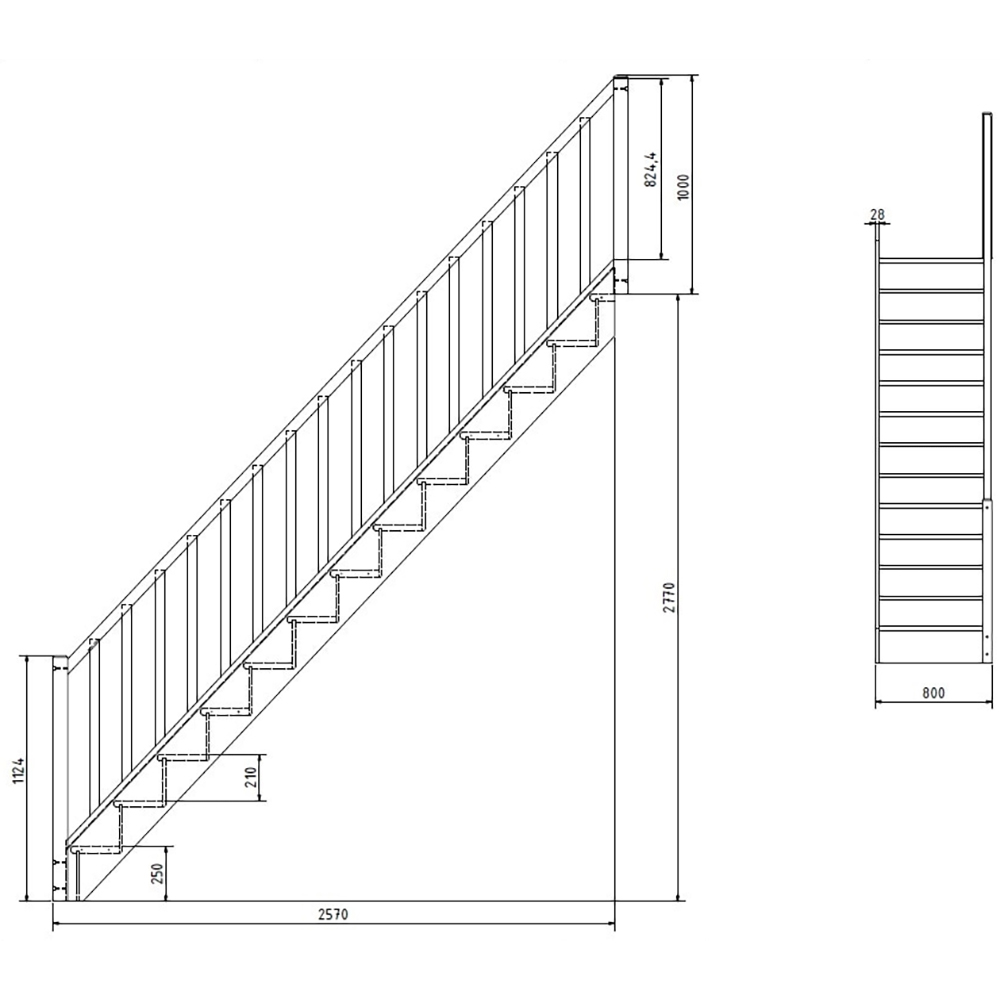 Scara interioara dreapta, fara contratrepte Rapallo, 277 x 80 x 364.5 cm