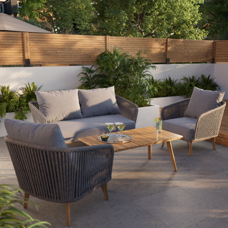 Set mobilier gradina/terasa Vitello, masa + 2 fotolii + canapea, 4 piese, gri-maro