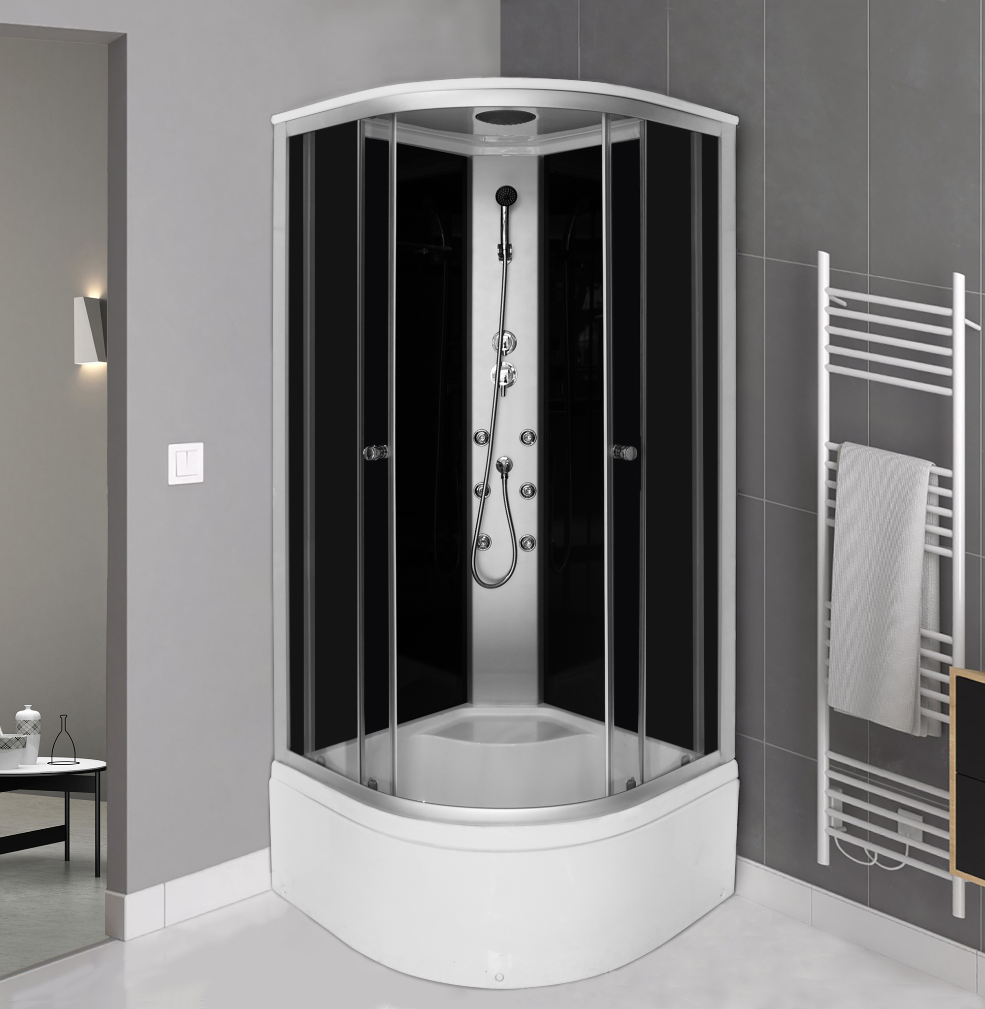Cabina dus cu hidromasaj Briska, semirotunda, 90 x 90 x 210 cm, sticla securizata 4 mm, profil crom