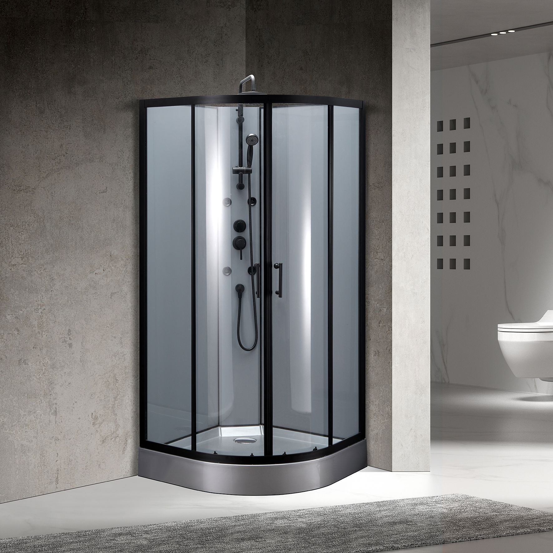 Cabina dus hidromasaj standard GOODHOME, Onega, semirotunda, profil aluminiu, sticla securizata, 90 x 90 x 225 cm, negru/gri