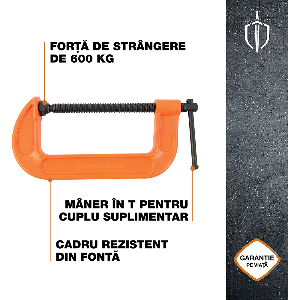 Menghina Tip GMAGNUSSON, 280 x 150 mm, forta strangere 600 kg, fonta si otel, portocaliu