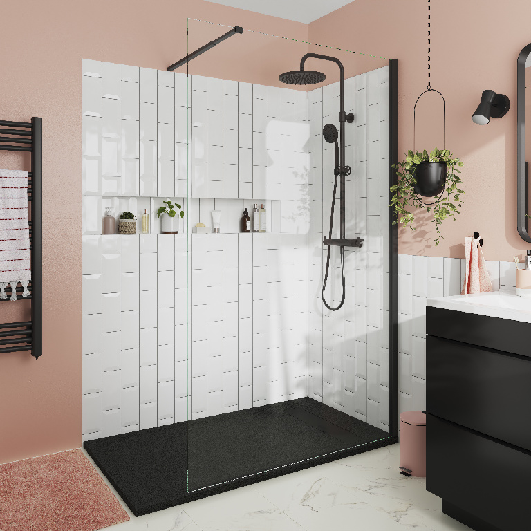 Paravan dus walk-in GOODHOME Ledava, aluminiu, sticla securizata 8mm, 120 x 195 cm, profil negru