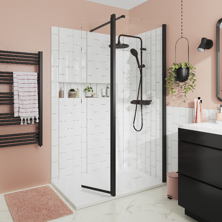 Paravan dus walk-in GoodHome Ledava, 80+45 x 195 cm, profil aluminiu, sticla securizata 8mm, negru