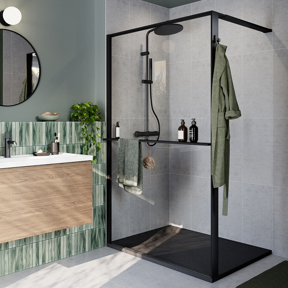 Paravan dus walk-in GOODHOME Evanna, aluminiu, 120 x 195 cm, sticla securizata transparenta, profil negru