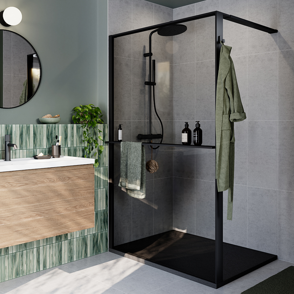 Paravan dus walk-in GOODHOME Evanna, aluminiu, 120 x 195 cm, sticla securizata fumurie, profil negru