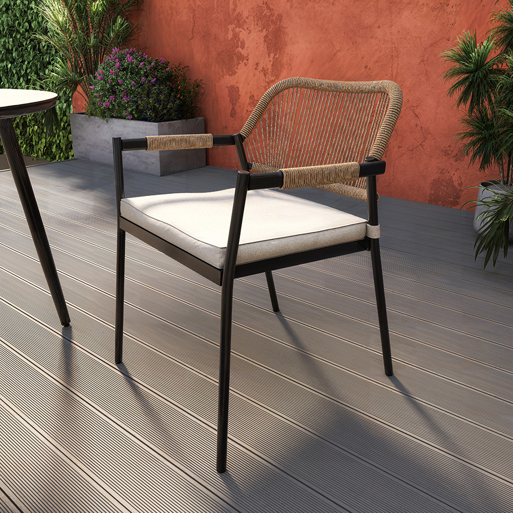 Scaun dining terasa GOODHOME Siliana, 56 x 59 x 76 cm, perna poliester inclusa, sarcina maxima 100 kg, otel si ratan, maro/negru