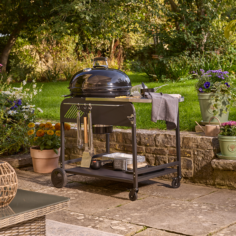 Gratar carbune GOODHOME BBQ Elland, 57cm, 1 suprafata, 4 role, negru