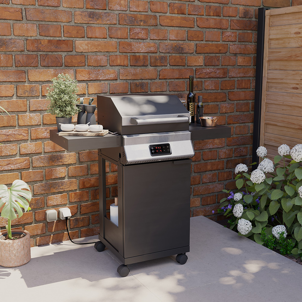 Gratar electric EU, 107 x 48 x 134 cm, grill emailat portelanat, otel, negru 