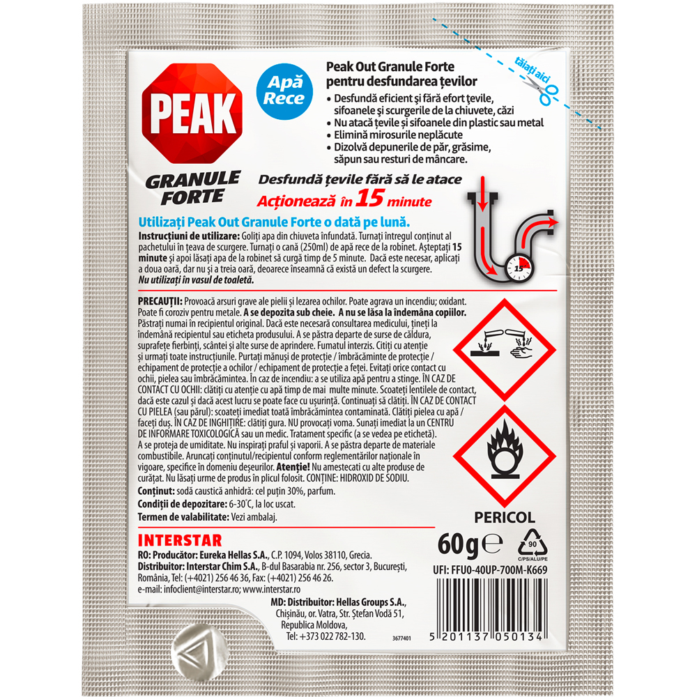 Granule pentru desfundat tevi PEAK Out, Apa rece, 60 g