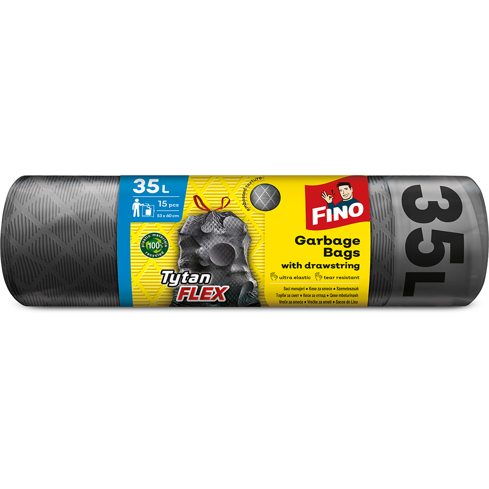 Saci menajeri cu snur FINO Tytan Flex, 15 bucati, 35 l, gri