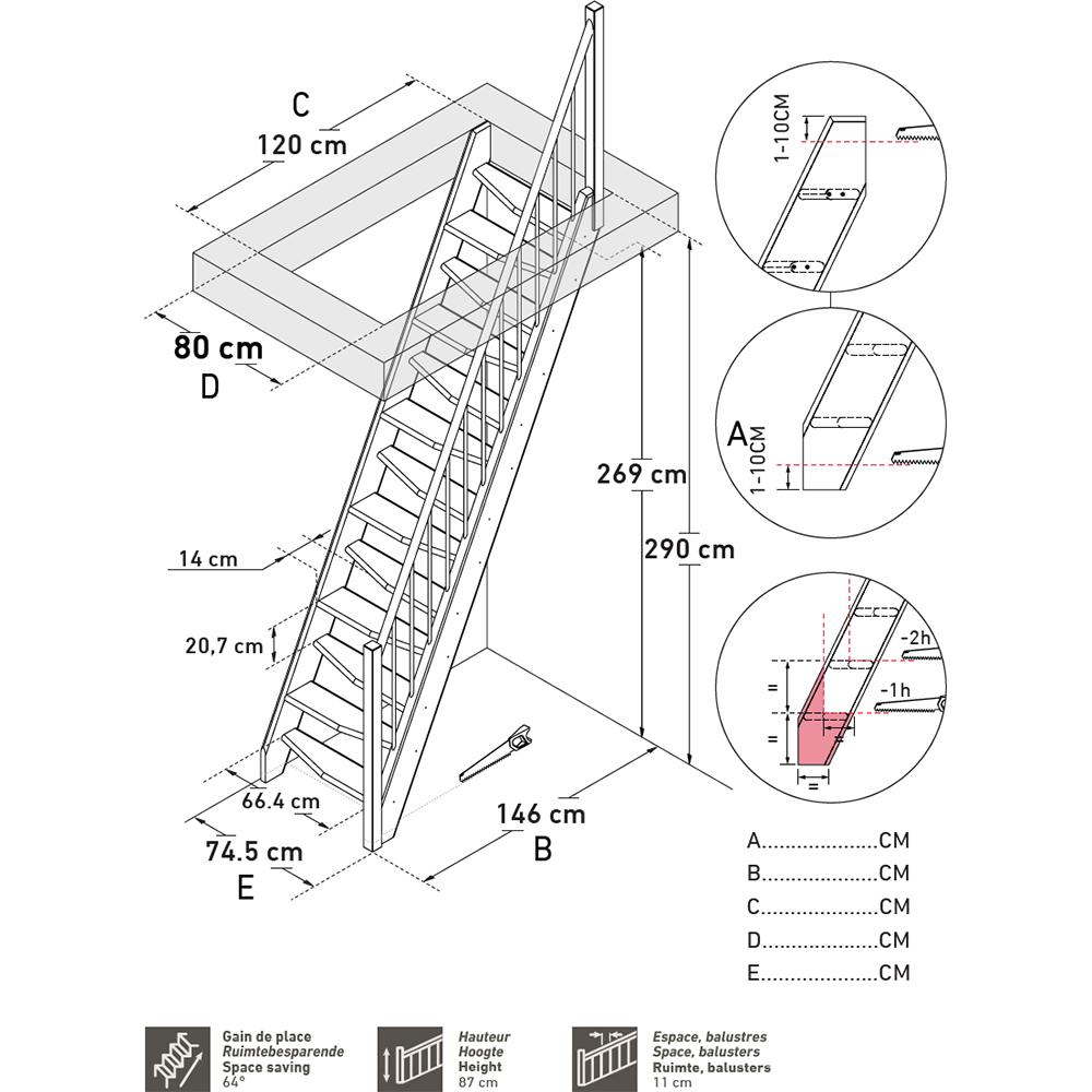 Scara din fag cu balustrada de aluminiu RAL 9005 Kyoto, 290 x 74.5 cm, fag-metal