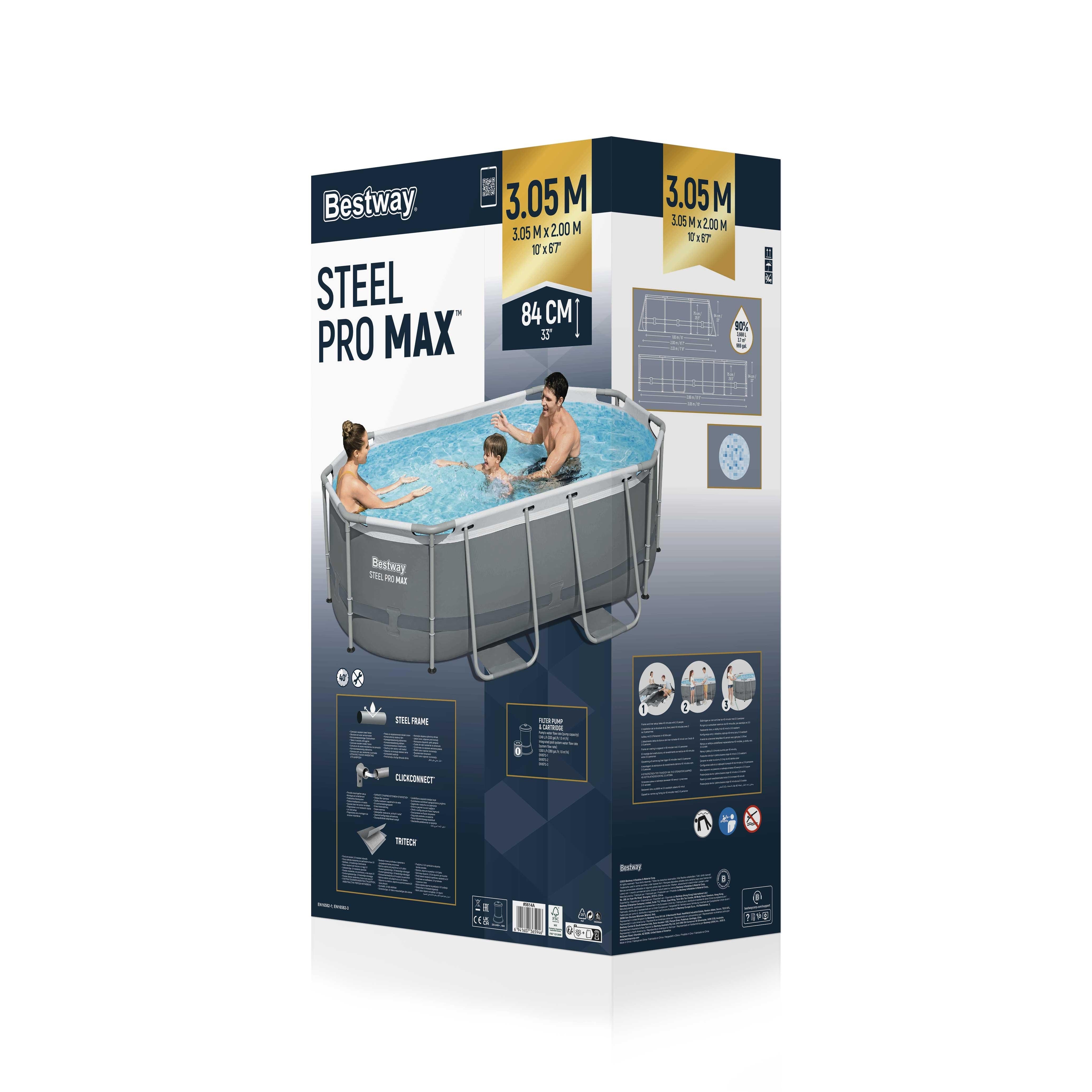 Piscina supraterana BESTWAY STEEL PRO MAX, ovala, cu pompa, gri, 305x200x84cm, 3668L