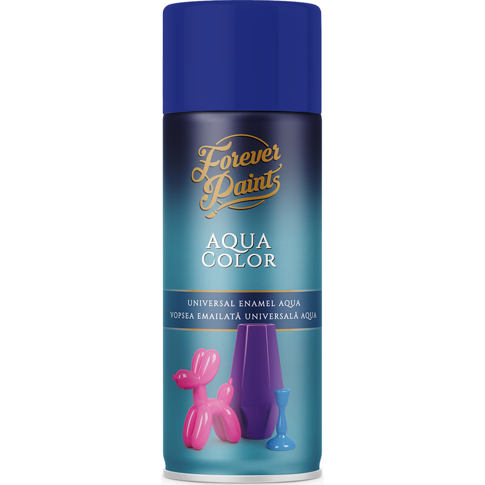 Spray vopsea email universala pe baza de apa Forever Paints Aqua Color, albastru ultramarin lucios (RAL 5002), 400 ml