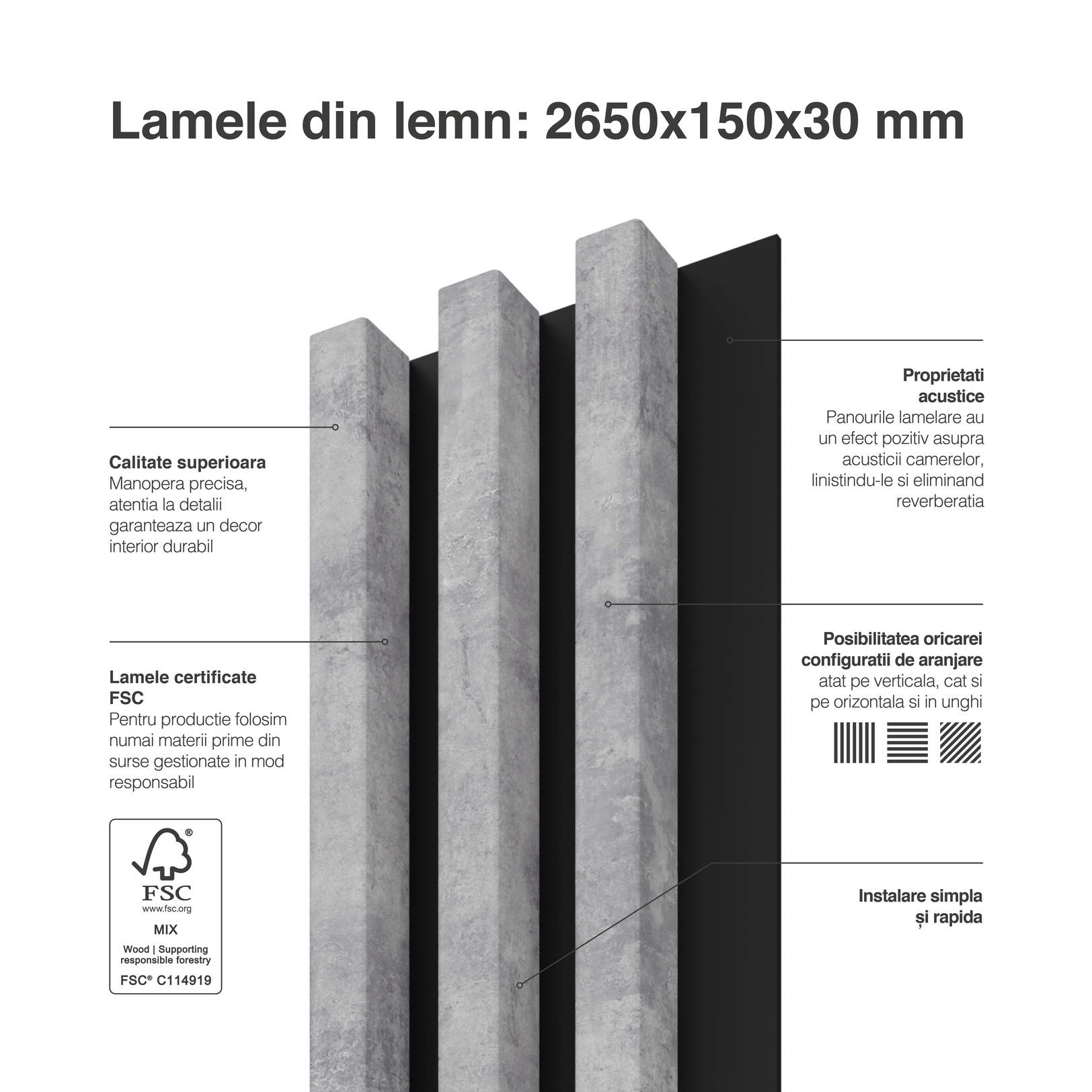 Panou riflaj decorativ, 265 x 15 x 3 cm, slim gri