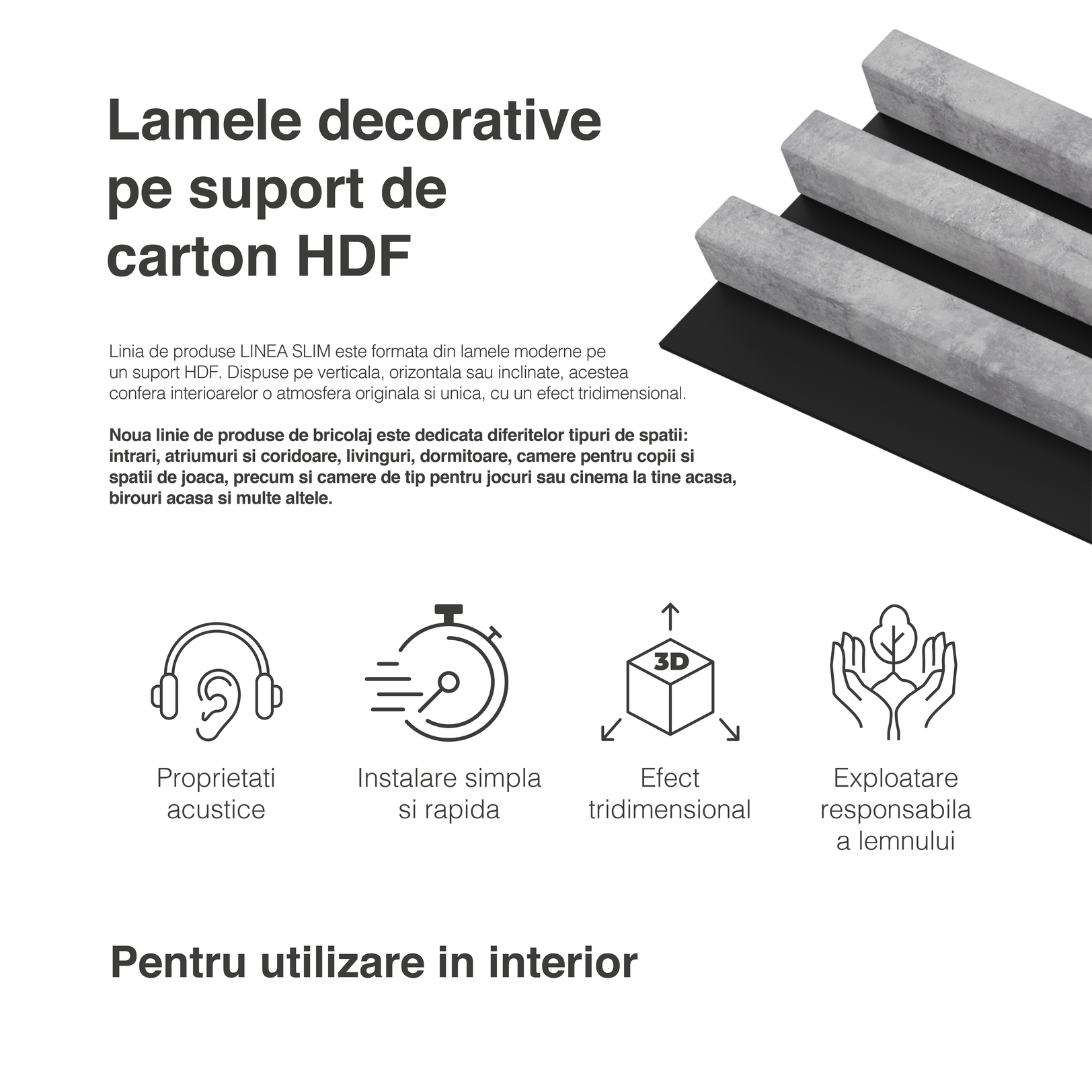 Panou riflaj decorativ, 265 x 15 x 3 cm, slim gri