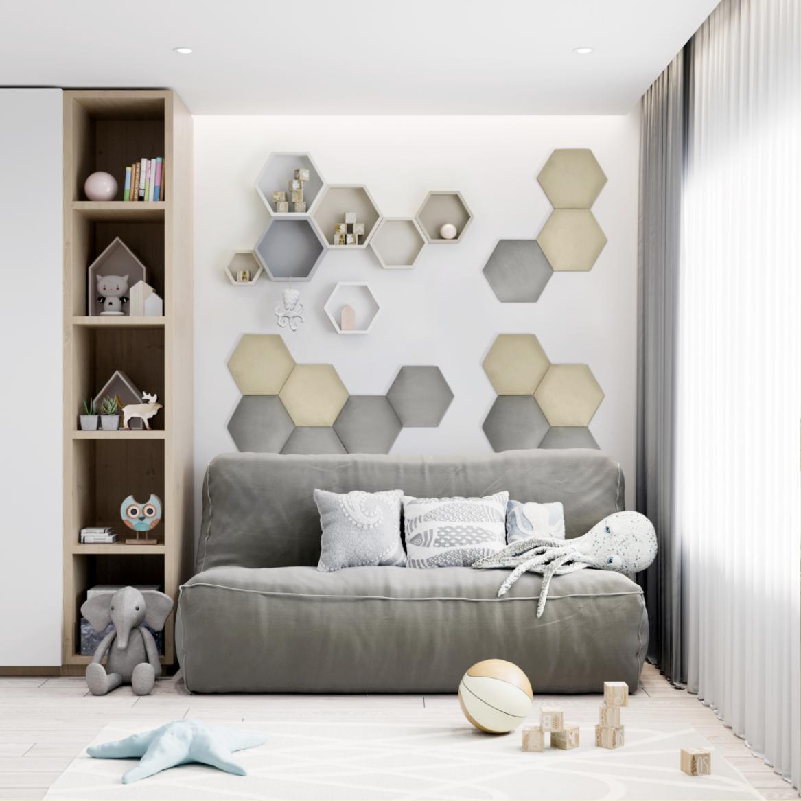 Panou tapitat, gri, hexagon, 17 cm