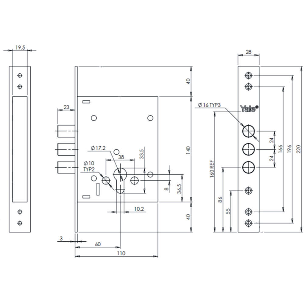 Broasca ingropata usa metalica YALE, BS 60 mm, 3 bolt x 16 mm, cilindru