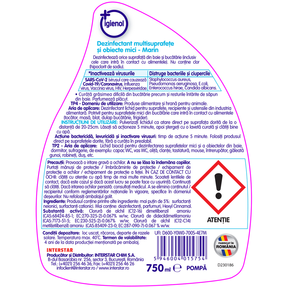 Spray dezinfectant suprafete IGIENOL Marin, 750 ml