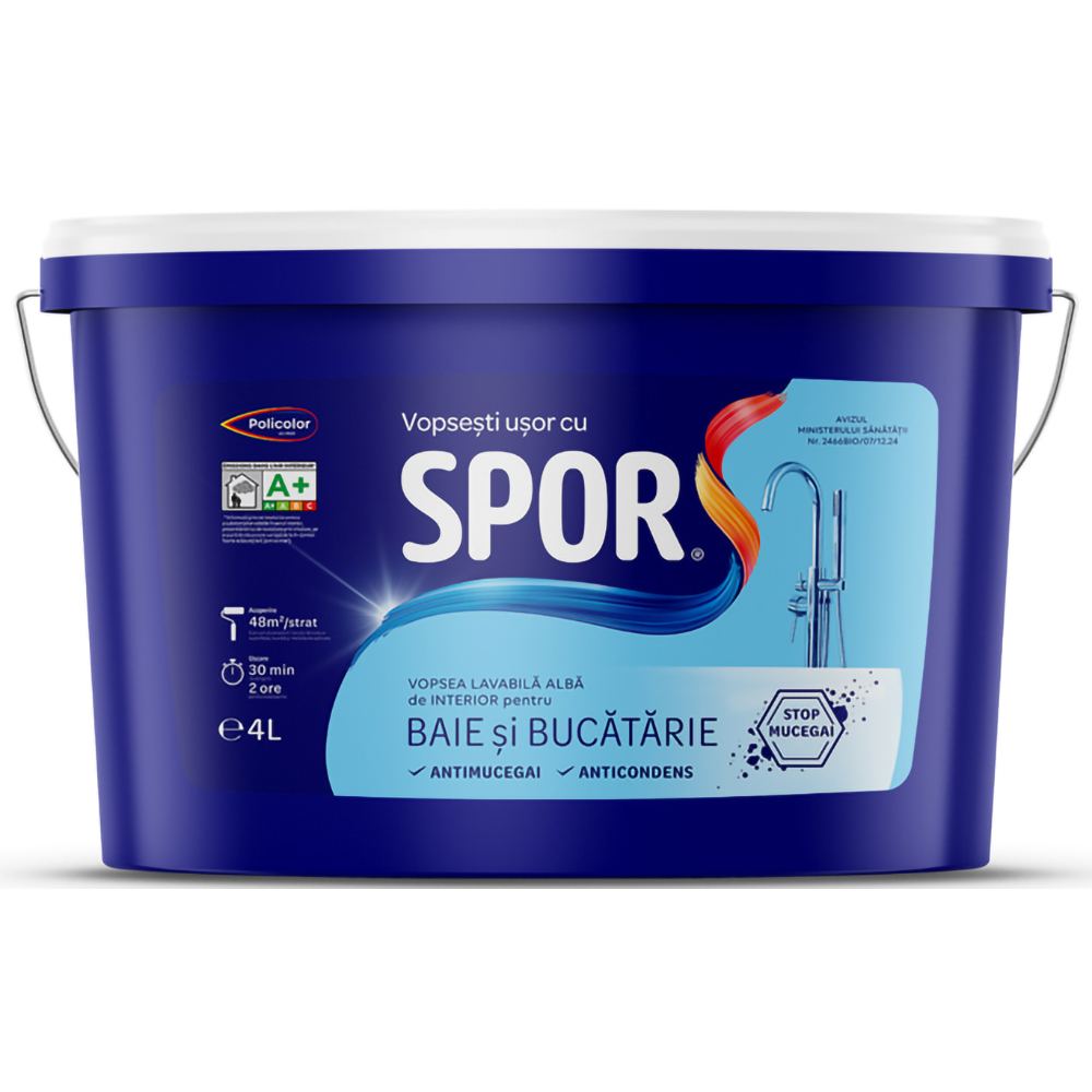 Vopsea lavabila SPOR, alb, 4 L, Interior