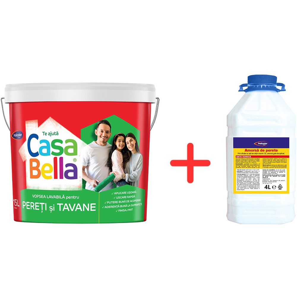 Vopsea lavabila CasaBella Pereti si Tavane, alb, 15 l + amorsa 4 l