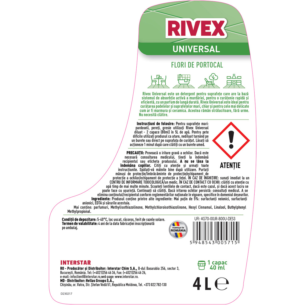Detergent suprafete RIVEX Universal, Flori de portocal, 4 l