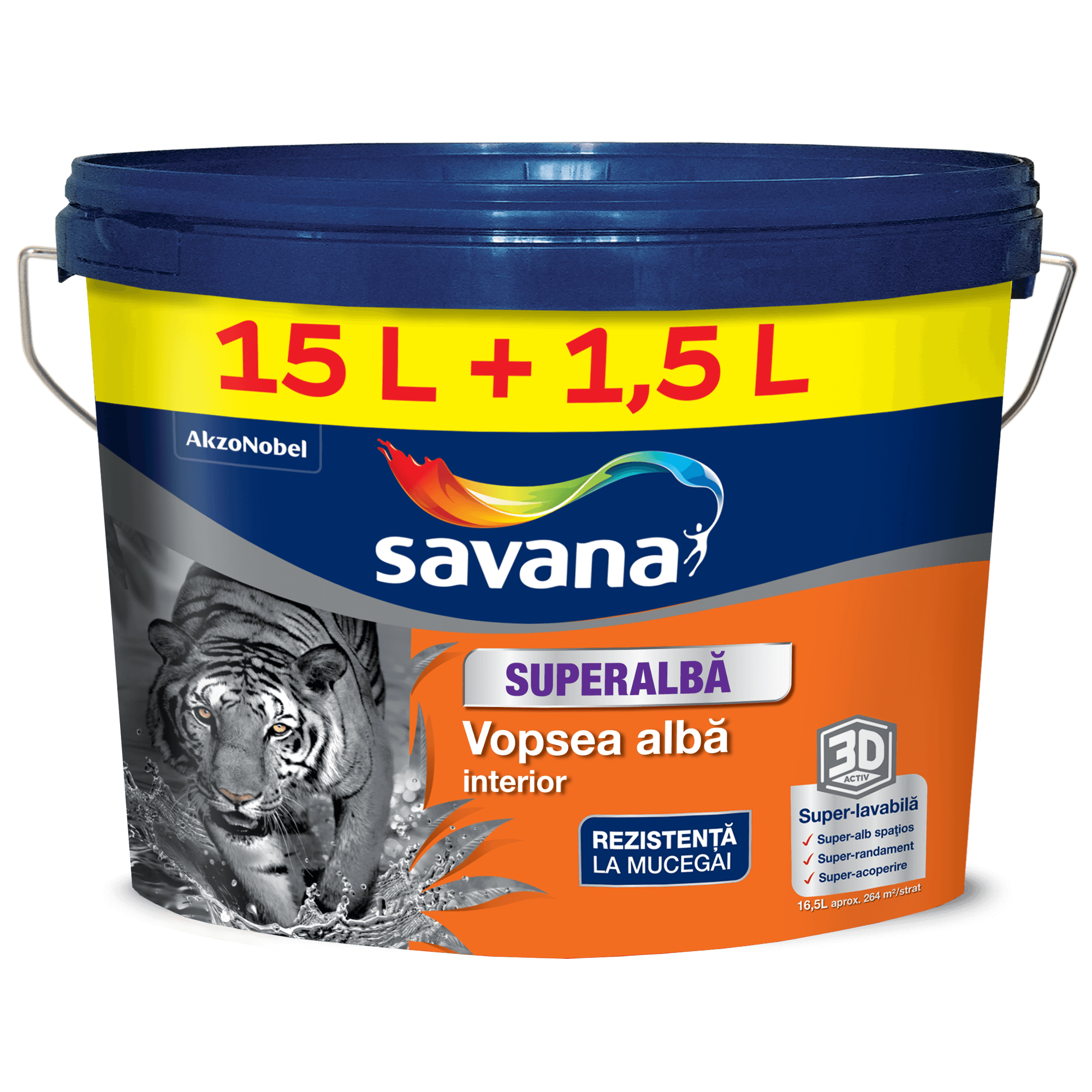 Vopsea interior, lavabila, superalba, 3D, 15 L + 1.5 L  Savana