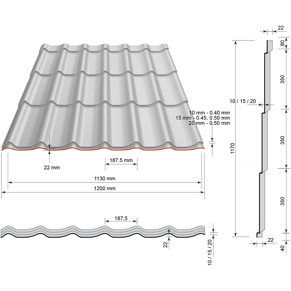 Tigla metalica Smart, gri mat (RAL 7016), 0.4 mm, 220 x 120 cm