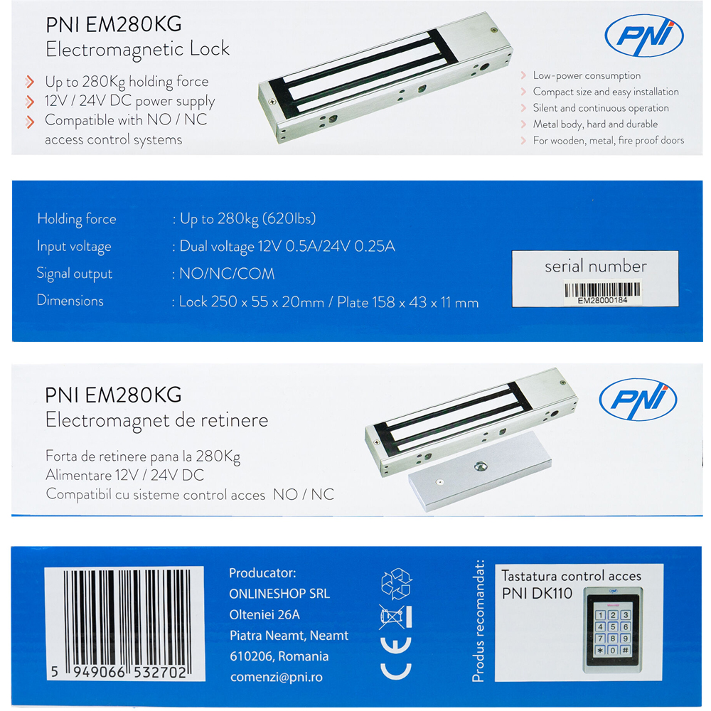 Electromagnet de retinere PNI EM280KG NO/NC/COM, forta de inchidere 280kg, alimentare 12V/24V