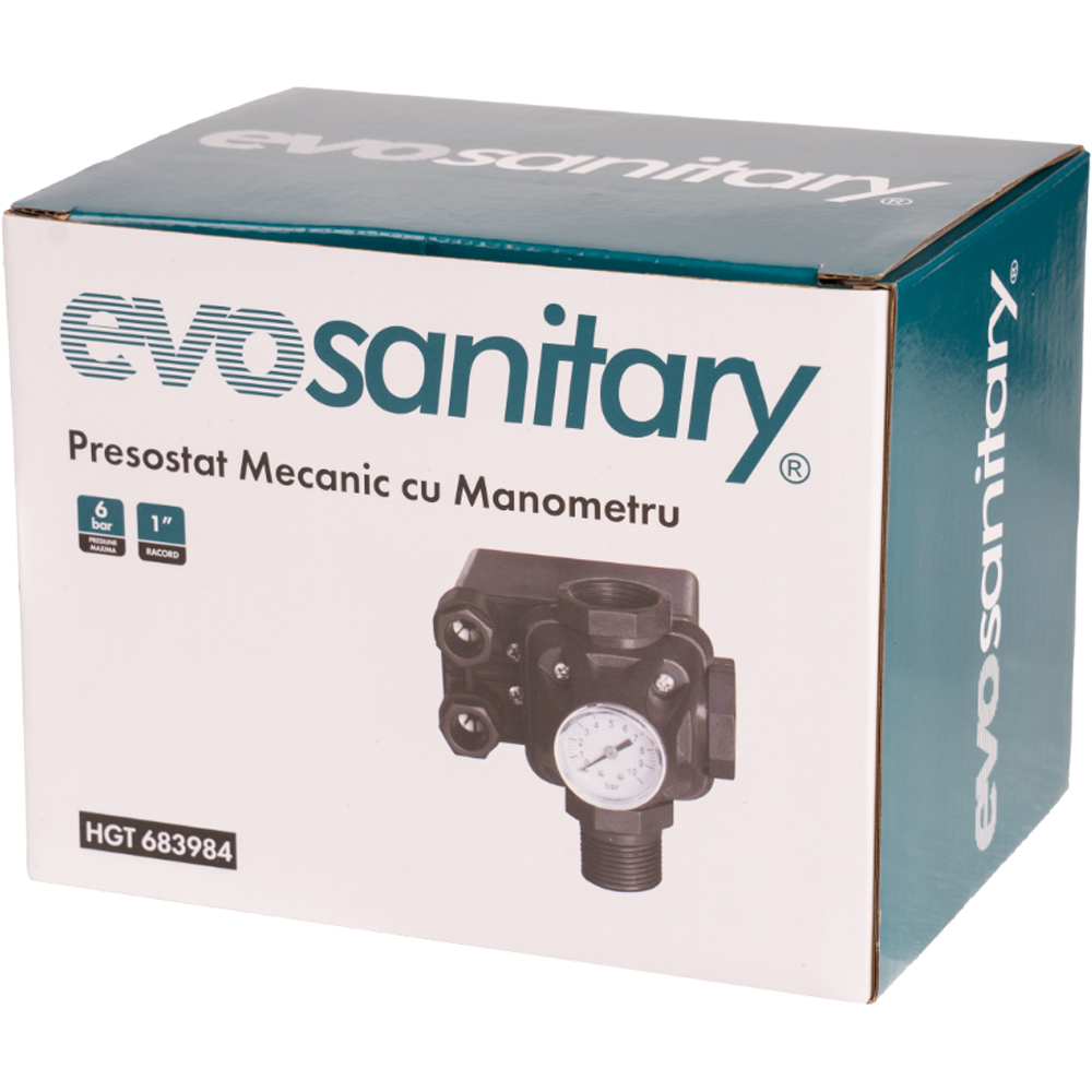 Presostat mecanic EVOTOOLS cu manometru EvoSanitary, 6 bar, 1", ABS