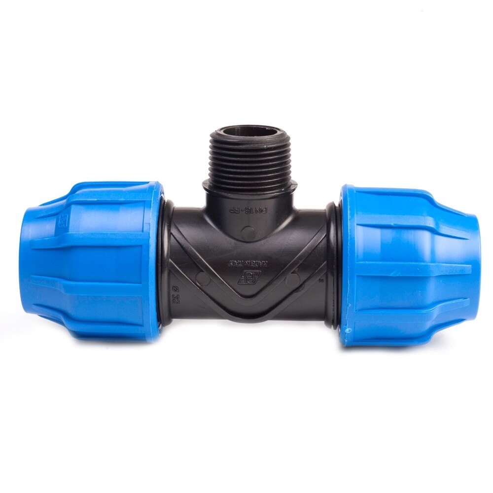 Teu compresiune PEHD, 40mm, filet exterior, 1/4", polipropilena, negru-albastru
